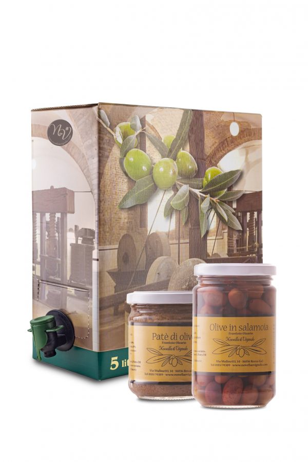 Bundle olio extravergine di oliva e barattoli olive e patè di olive Novella e Vignolo